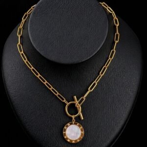 Gold Plated Paperclip Chain Necklace with Roman Numeral Toggle Pendant